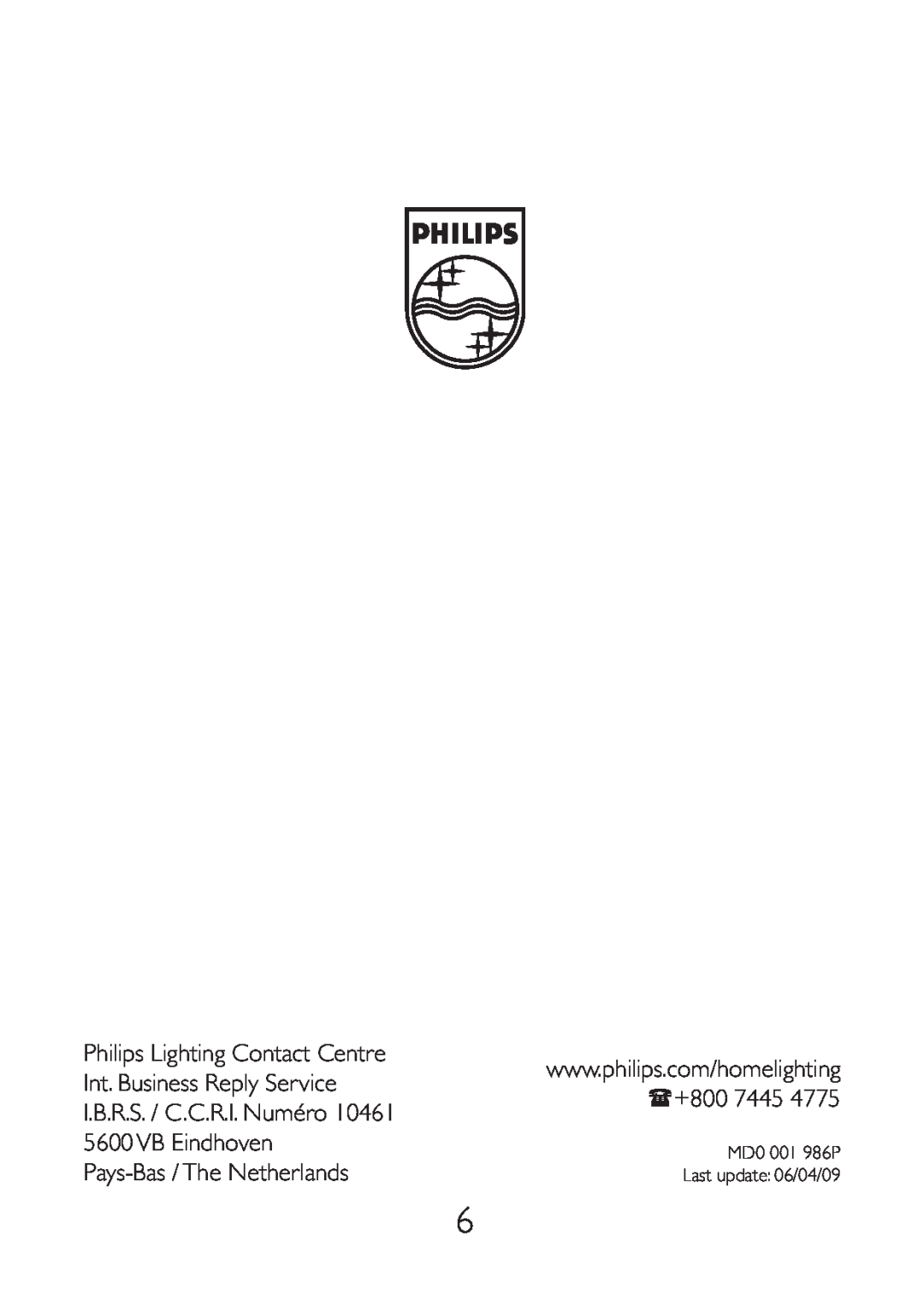 Philips 40339/**/16 Philips Lighting Contact Centre, Int. Business Reply Service, +800, I.B.R.S. / C.C.R.I. Numéro 
