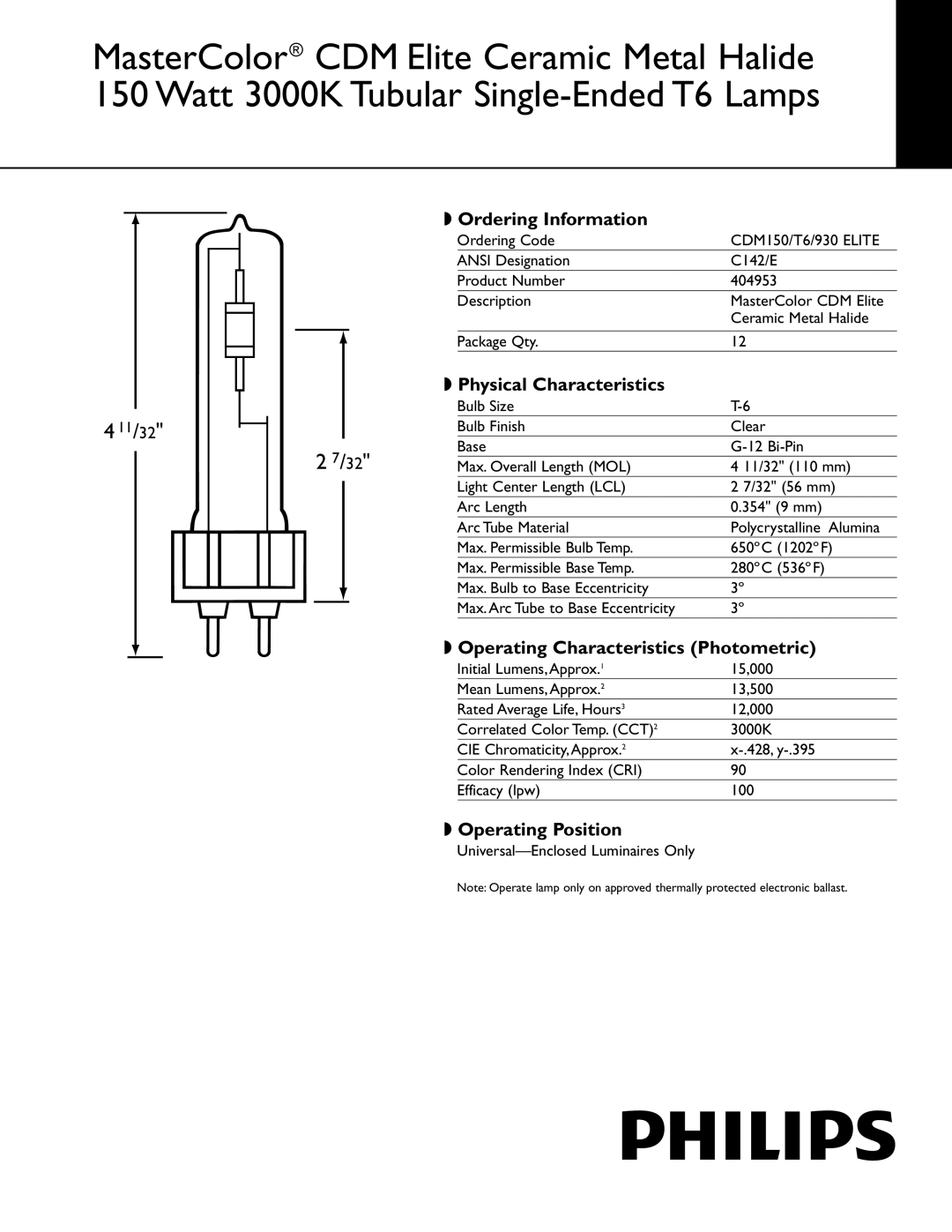 Philips 404953 manual 11/32, Ordering Information, Physical Characteristics, Operating Characteristics Photometric 