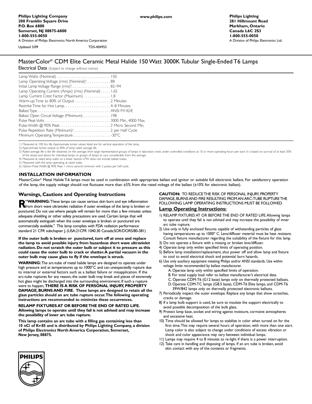 Philips 404953 manual Lamp Operating Instructions, Installation Information 