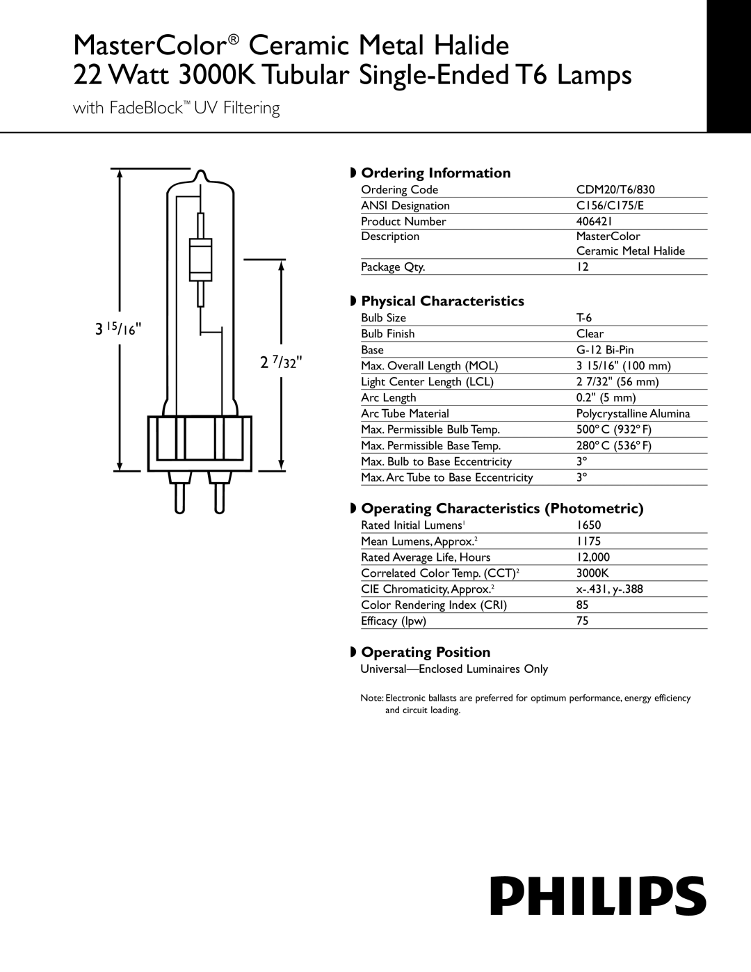 Philips 406421 manual Ordering Information, Physical Characteristics, Operating Characteristics Photometric 