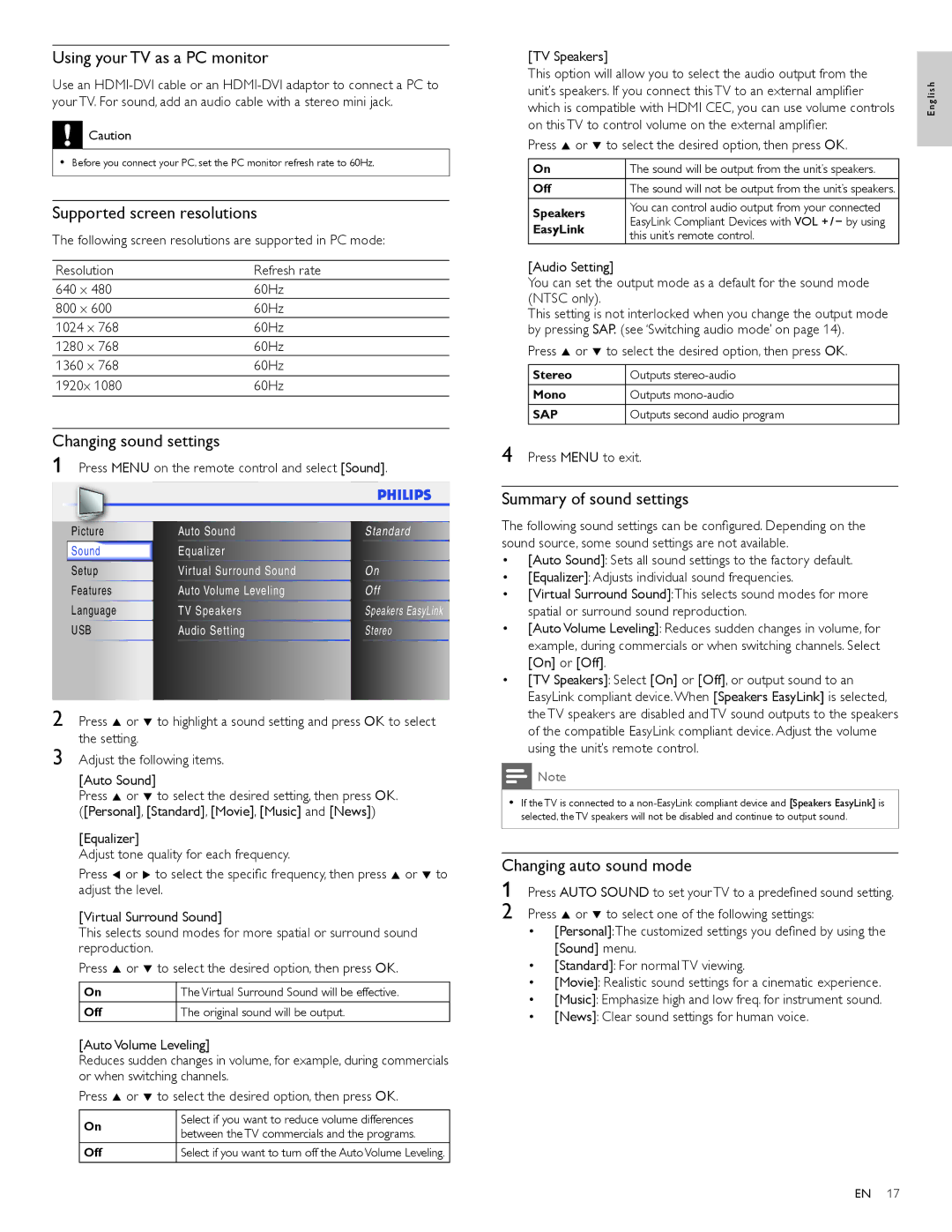 Philips 40PFL3505D/F7, 40PFL3705D/F7 Using your TV as a PC monitor, Supported screen resolutions, Changing sound settings 