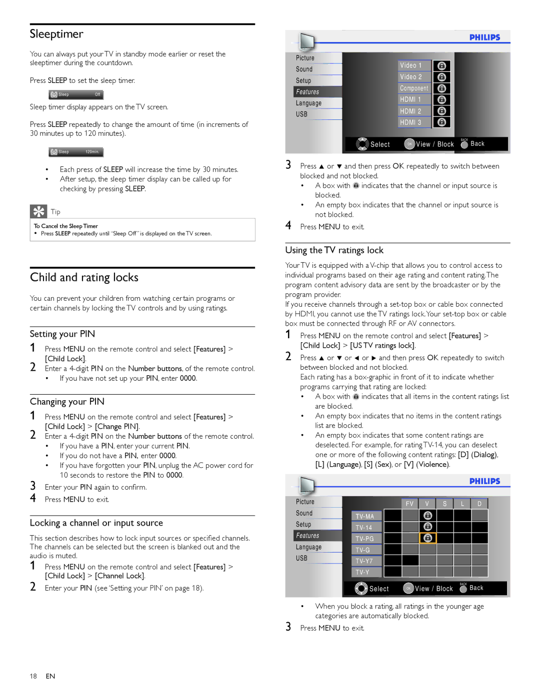Philips 40PFL3705D/F7, 40PFL3505D/F7, 46PFL3505D/F7, 1EMN26039A, A01PCUF, A01P2UF, A01Q2UF Sleeptimer, Child and rating locks 