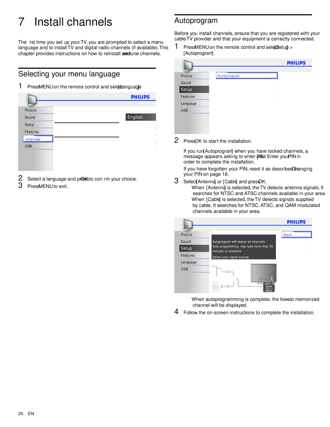 Philips A01Q2UF, A01PCUF Install channels, Selecting your menu language, Autoprogram, Press OK to start the installation 