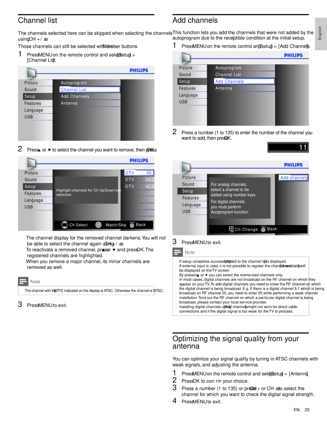 Philips A01QEUF, 40PFL3505D/F7, 40PFL3705D/F7 Channel list, Add channels, Optimizing the signal quality from your antenna 