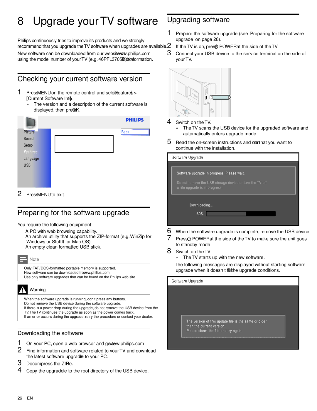 Philips 40PFL3505D/F7, 40PFL3705D/F7 Upgrade your TV software, Upgrading software, Preparing for the software upgrade 