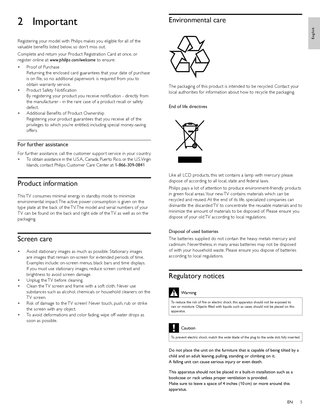 Philips A01P2UF, A01PCUF Product information, Screen care, Environmental care, Regulatory notices, For further assistance 