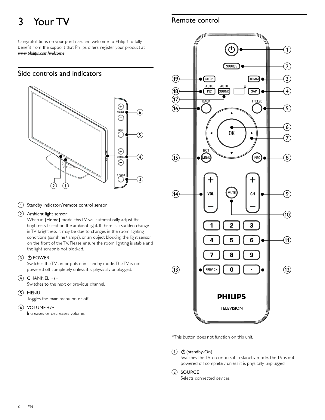 Philips A01Q2UF, 40PFL3505D/F7, 40PFL3705D/F7, 46PFL3505D/F7, A01PCUF Your TV, Side controls and indicators, Remote control 