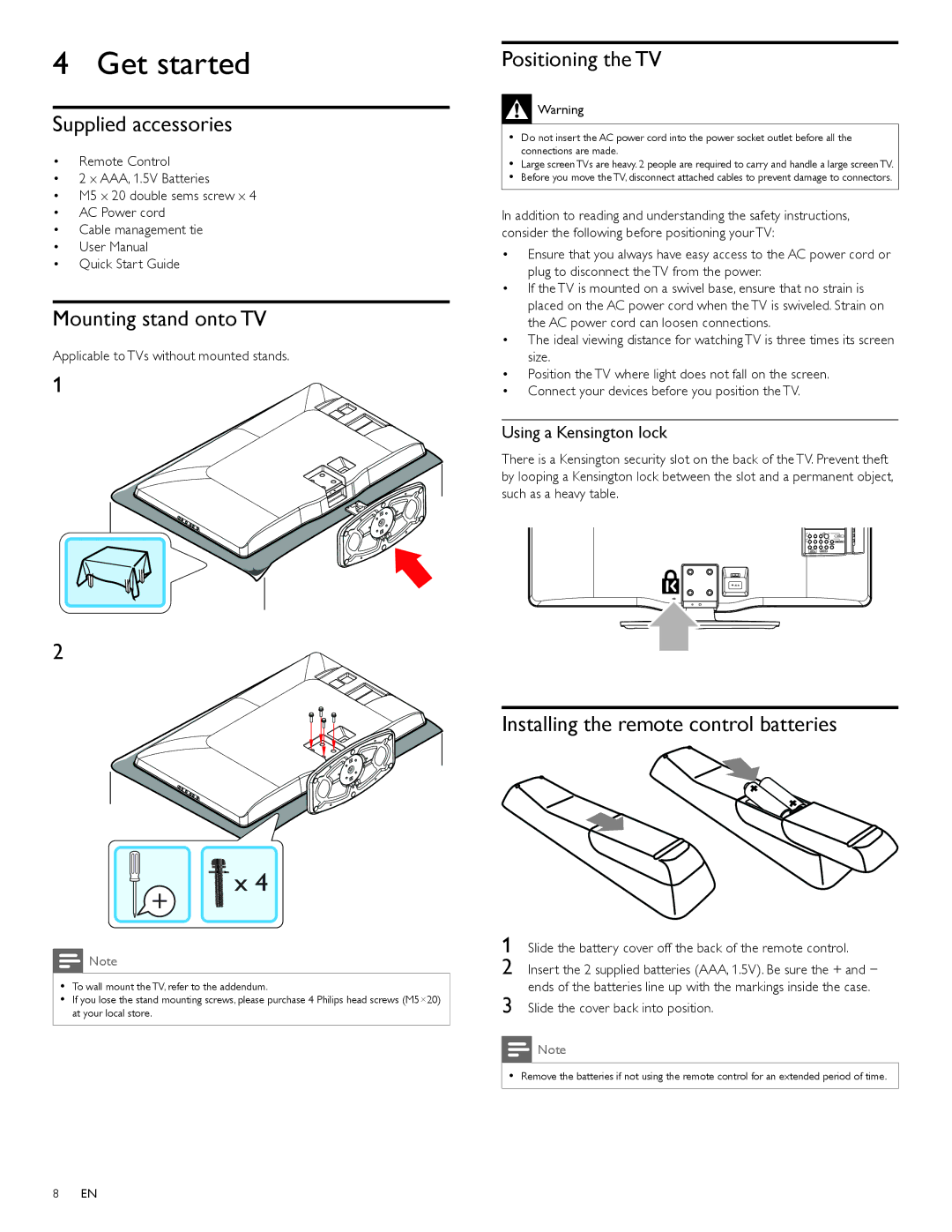 Philips 40PFL3505D/F7, 40PFL3705D/F7, A01PCUF Get started, Supplied accessories, Mounting stand onto TV, Positioning the TV 