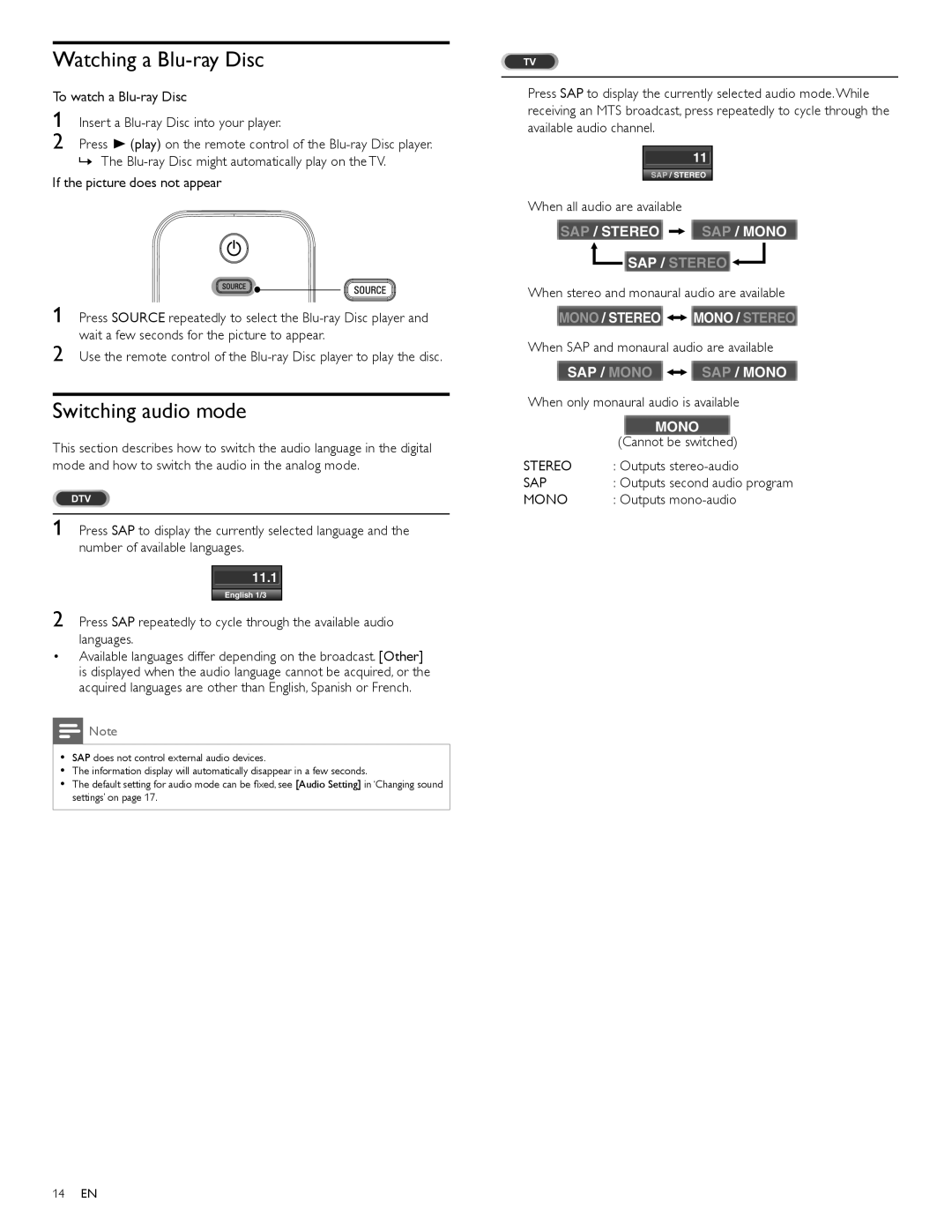 Philips 40PFL3705D, 40PFL3505D, 46PFL3705D user manual Watching a Blu-ray Disc, Switching audio mode 