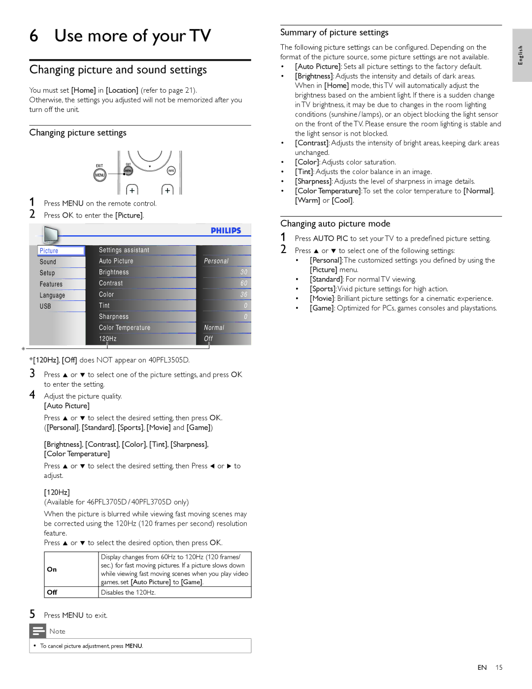 Philips 40PFL3505D, 40PFL3705D Use more of your TV, Changing picture and sound settings, Changing picture settings 