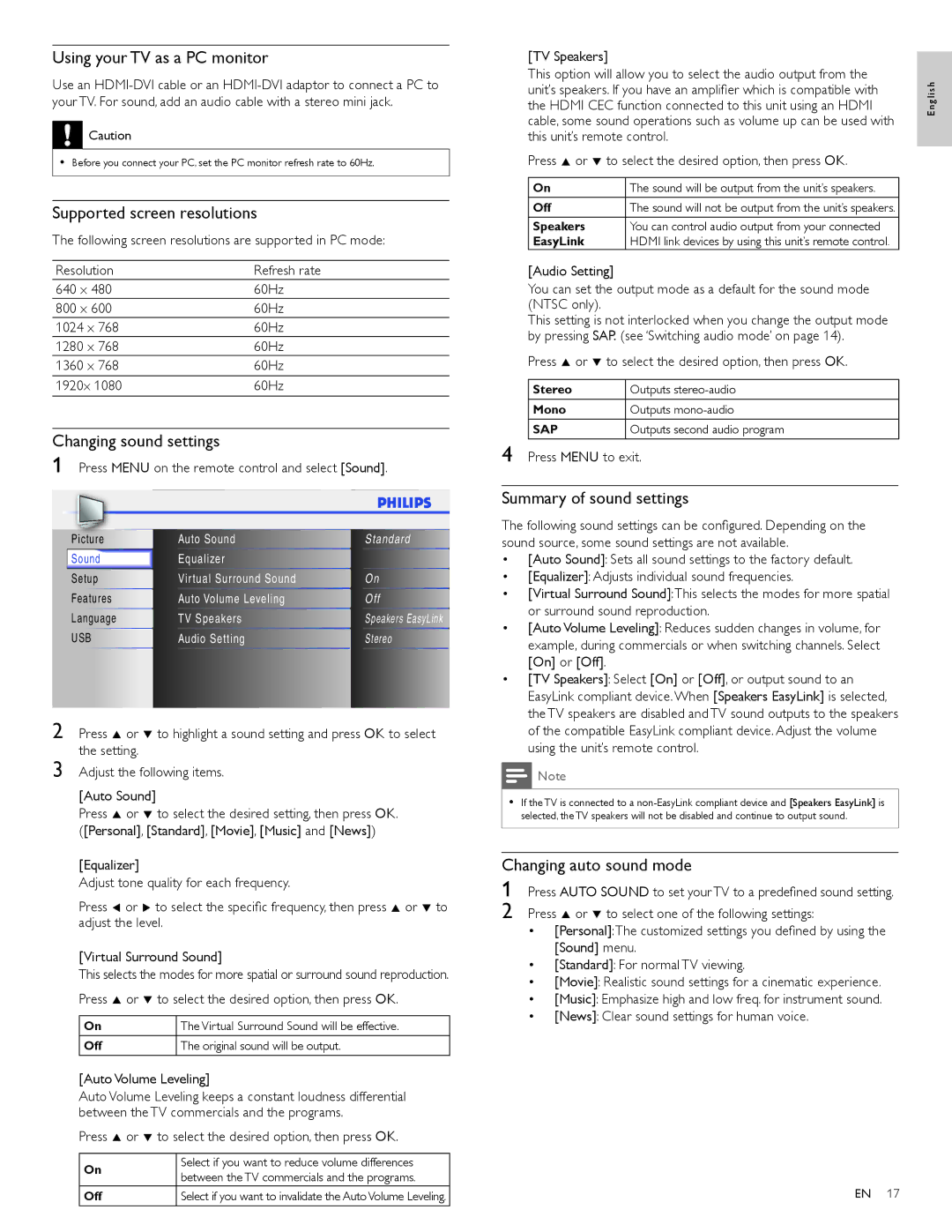 Philips 40PFL3705D, 40PFL3505D Using your TV as a PC monitor, Supported screen resolutions, Changing sound settings 