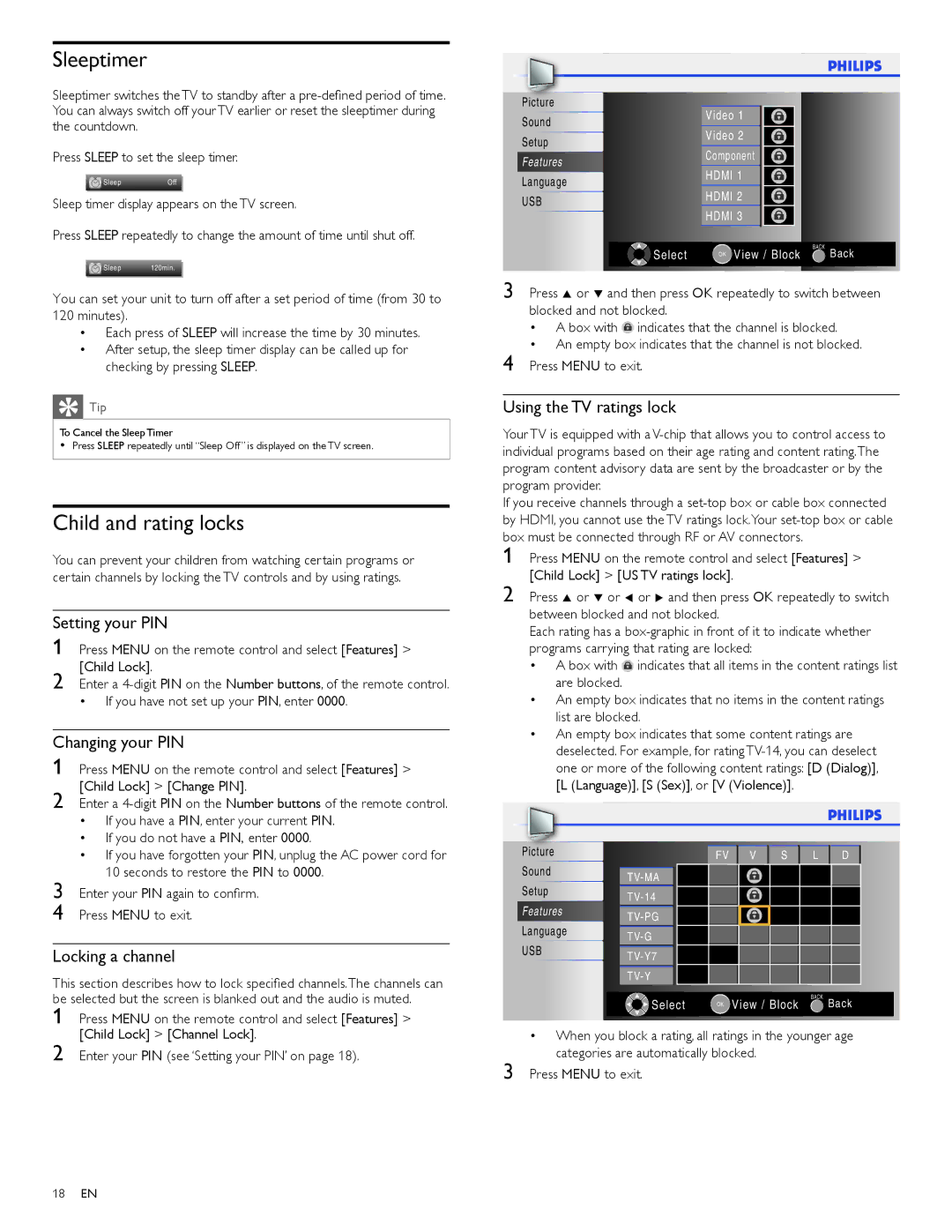 Philips 40PFL3505D, 40PFL3705D, 46PFL3705D user manual Sleeptimer, Child and rating locks 