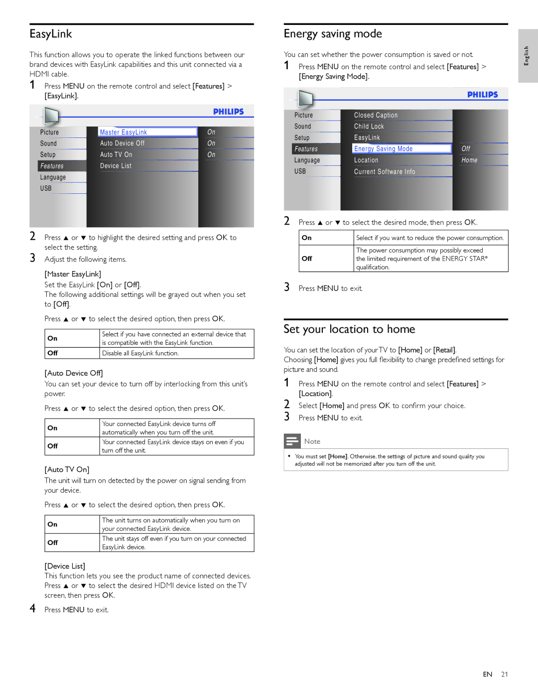 Philips 40PFL3505D, 40PFL3705D, 46PFL3705D user manual EasyLink, Energy saving mode, Set your location to home 