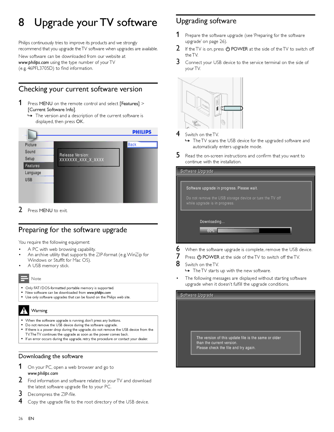 Philips 40PFL3705D, 40PFL3505D Upgrade your TV software, Upgrading software, Checking your current software version 