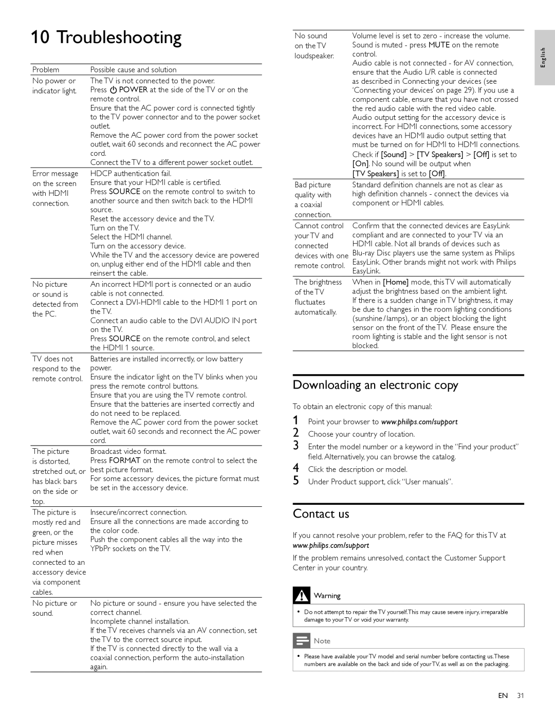 Philips 46PFL3705D, 40PFL3705D, 40PFL3505D user manual Troubleshooting, Downloading an electronic copy, Contact us 