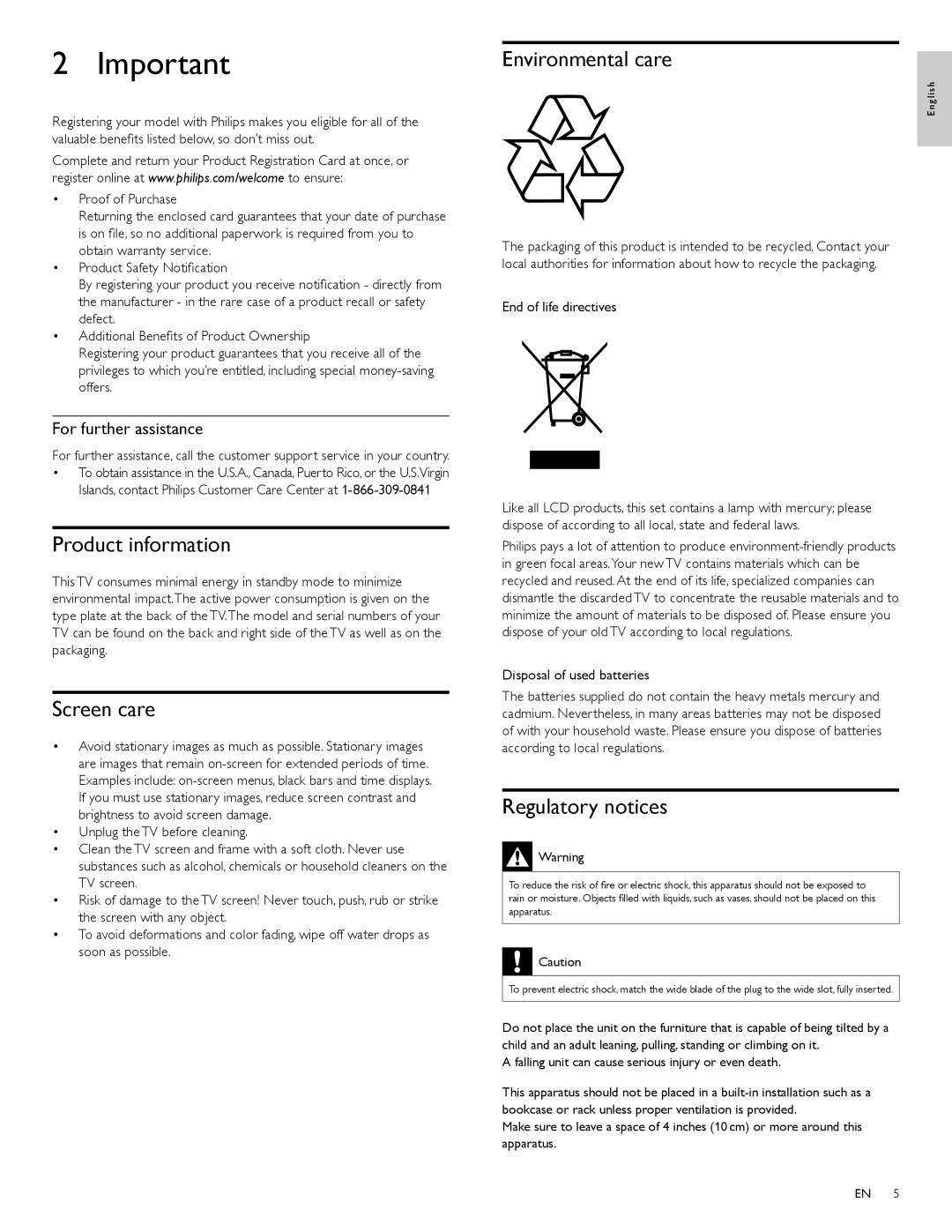 Philips 40PFL3705D Product information, Screen care, Environmental care, Regulatory notices, For further assistance 