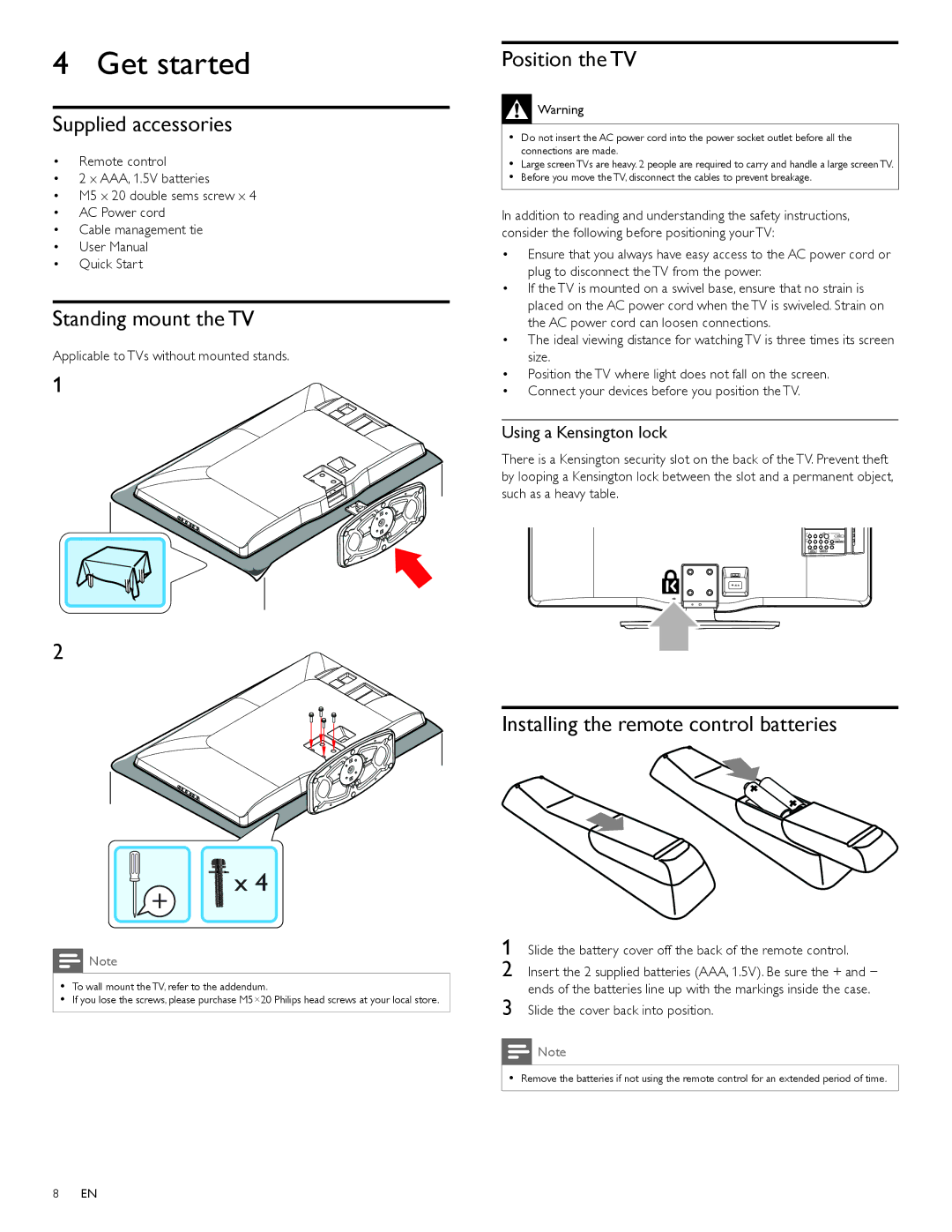 Philips 40PFL3705D, 40PFL3505D, 46PFL3705D Get started, Supplied accessories, Standing mount the TV, Position the TV 