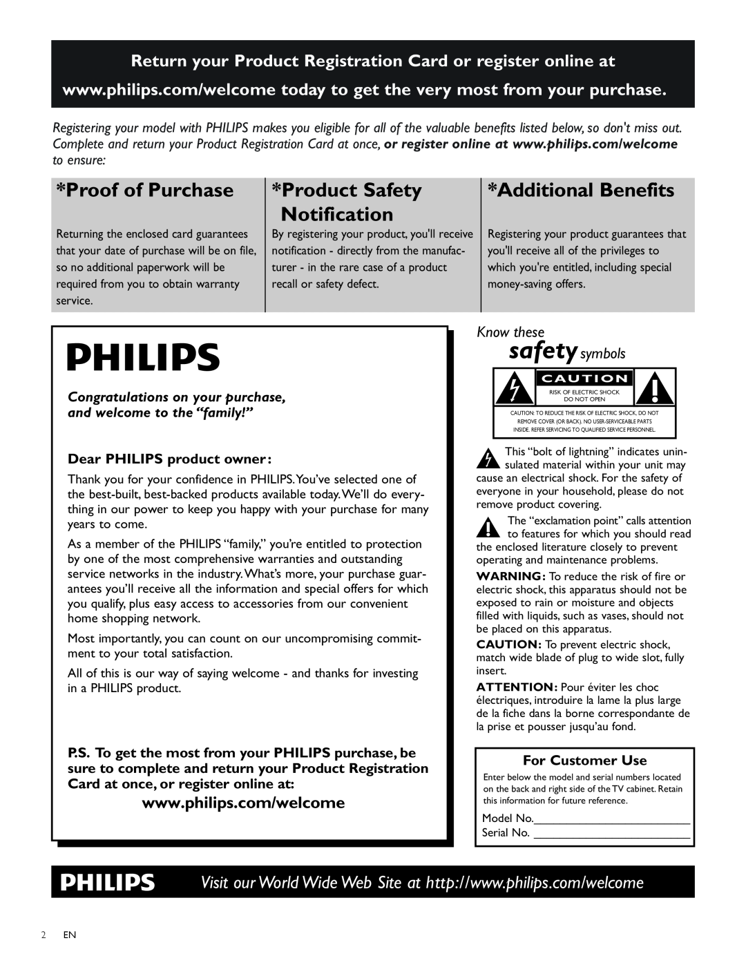 Philips 40PFL3705D Proof of Purchase, Product Safety, Additional Benefits, Notification, Dear PHILIPS product owner 