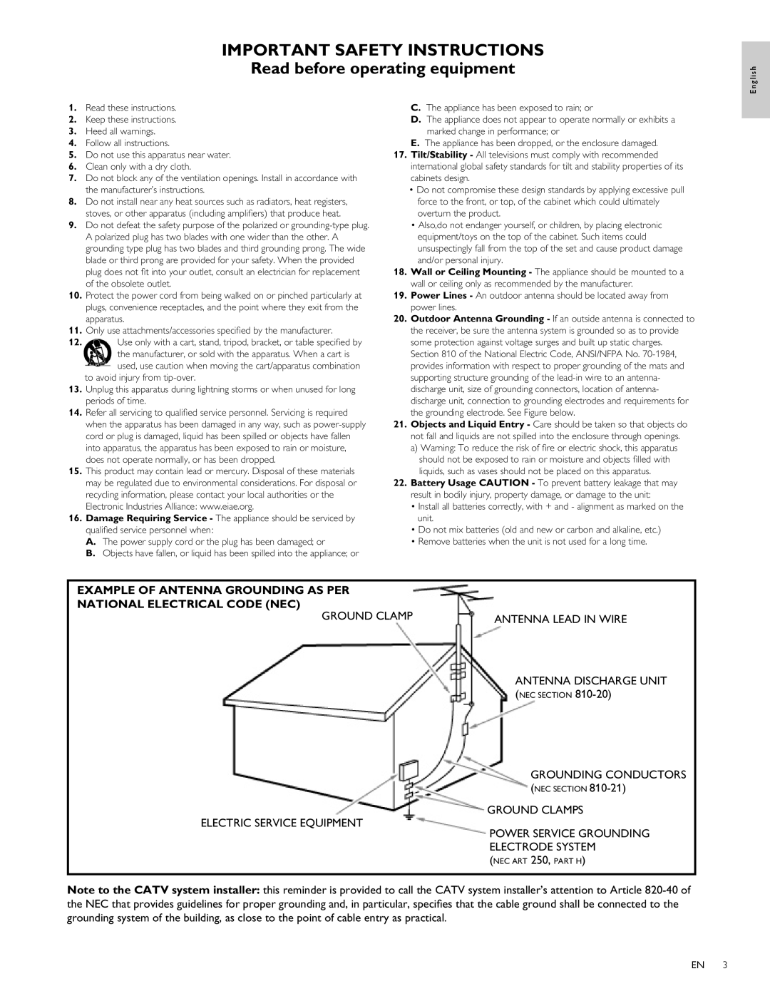 Philips 40PFL3505D IMPORTANT SAFETY INSTRUCTIONS Read before operating equipment, Power Service Grounding Electrode System 