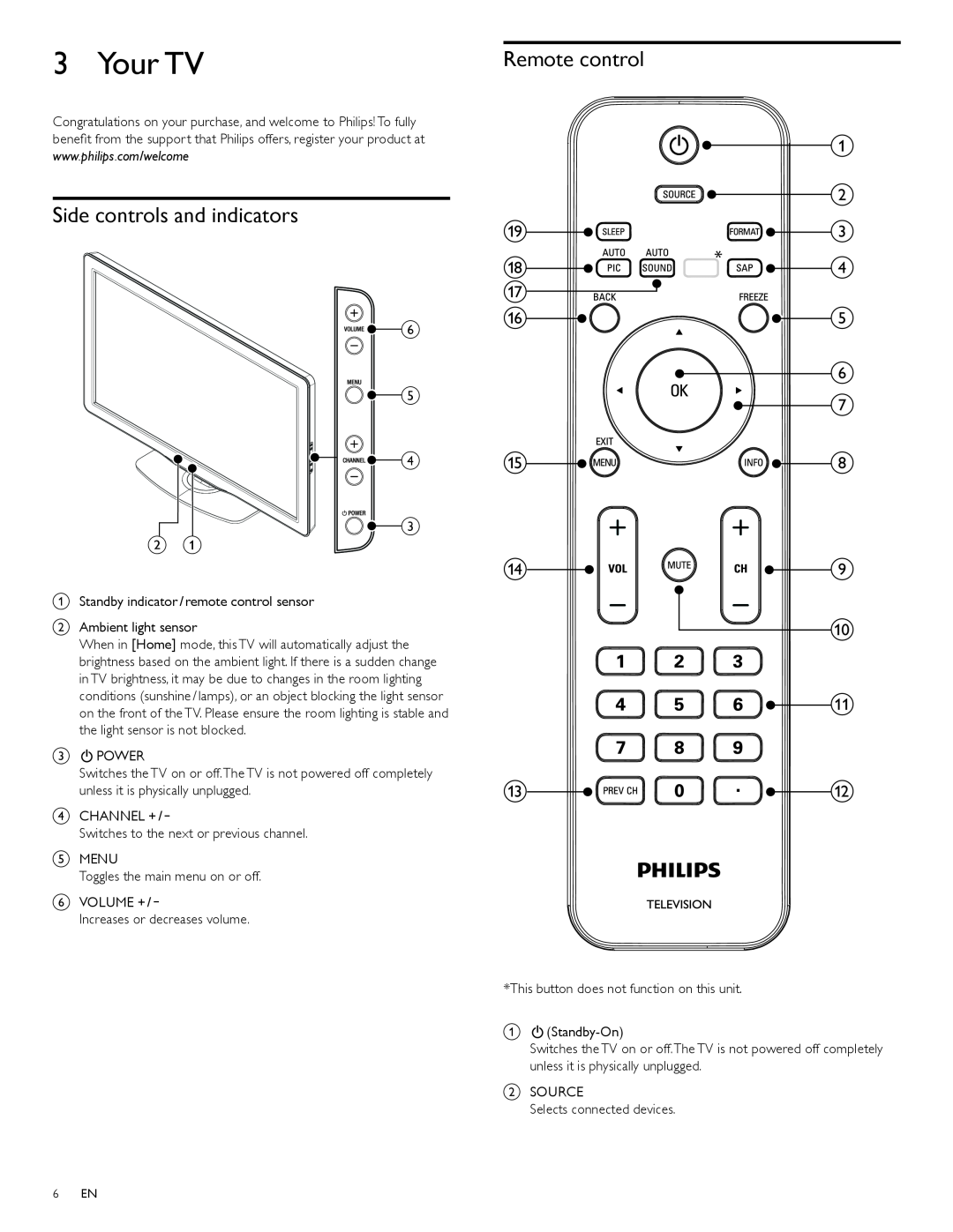Philips 40PFL3505D, 40PFL3705D, 46PFL3705D user manual Your TV, Side controls and indicators, Remote control 