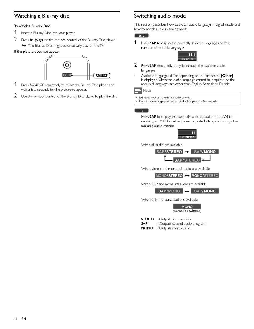 Philips 46PFL3706, 40PFL3706 user manual Watching a Blu-ray disc, Switching audio mode 