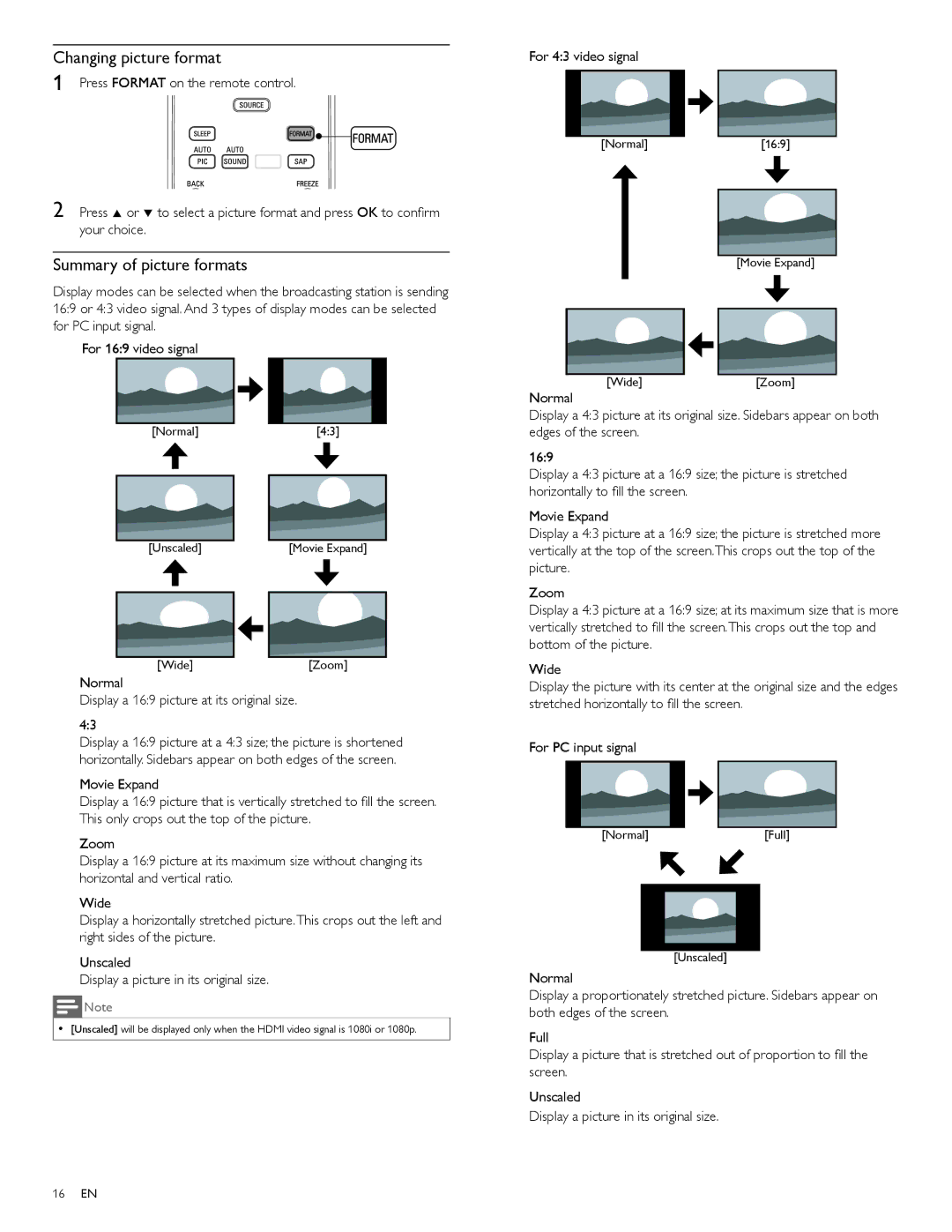 Philips 46PFL3706 Changing picture format, Summary of picture formats, Normal Display a 169 picture at its original size 