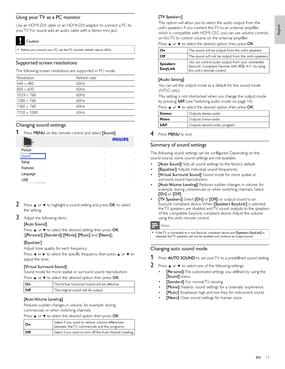 Philips 40PFL3706, 46PFL3706 Using your TV as a PC monitor, Supported screen resolutions, Changing sound settings 