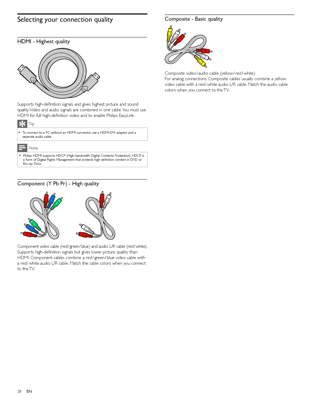 Philips 46PFL3706, 40PFL3706 user manual Selecting your connection quality, Composite Basic quality, Hdmi Highest quality 