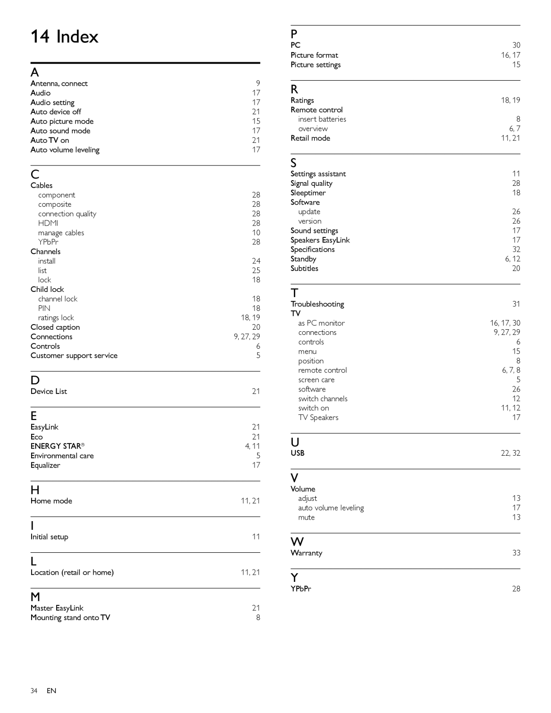 Philips 46PFL3706, 40PFL3706 user manual Index, Pin, Energy Star, Volume Adjust Auto volume leveling Mute Warranty YPbPr 