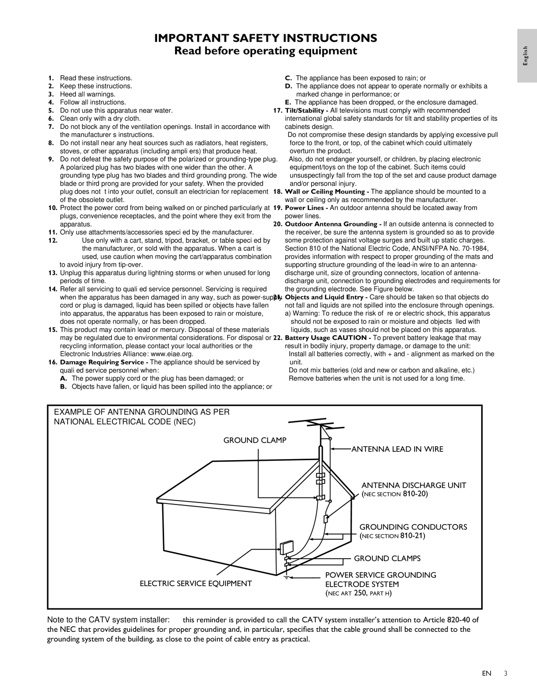 Philips 40PFL3706, 46PFL3706 user manual Grounding Conductors, Ground Clamps Power Service Grounding Electrode System 