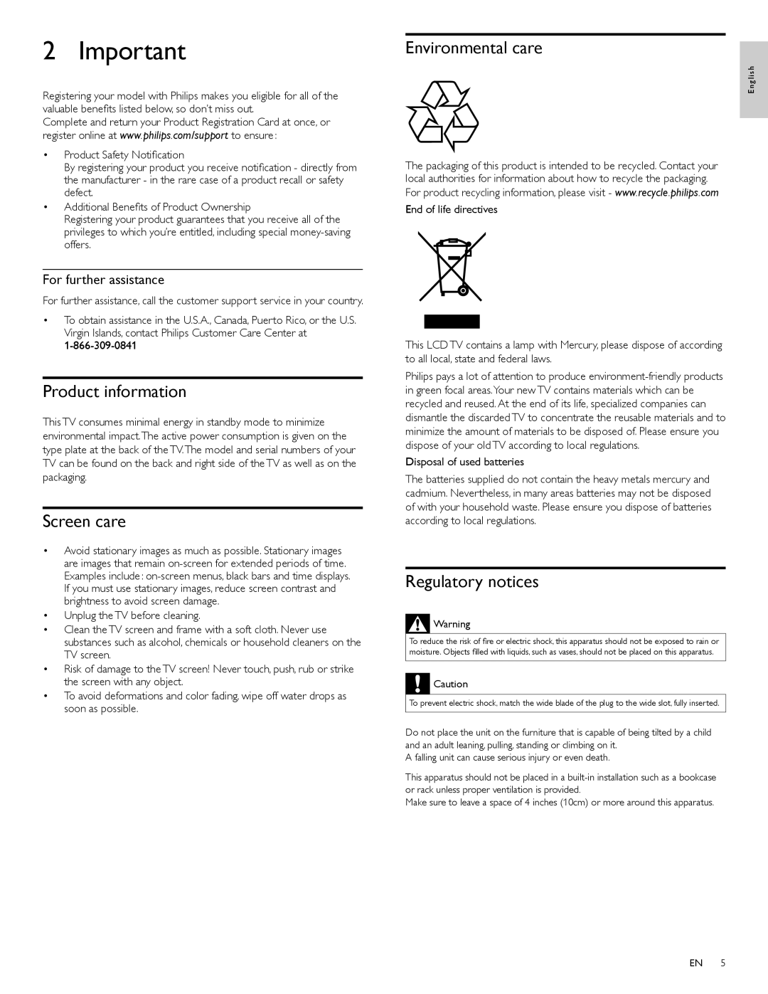 Philips 40PFL3706 Product information, Screen care, Environmental care, Regulatory notices, For further assistance 