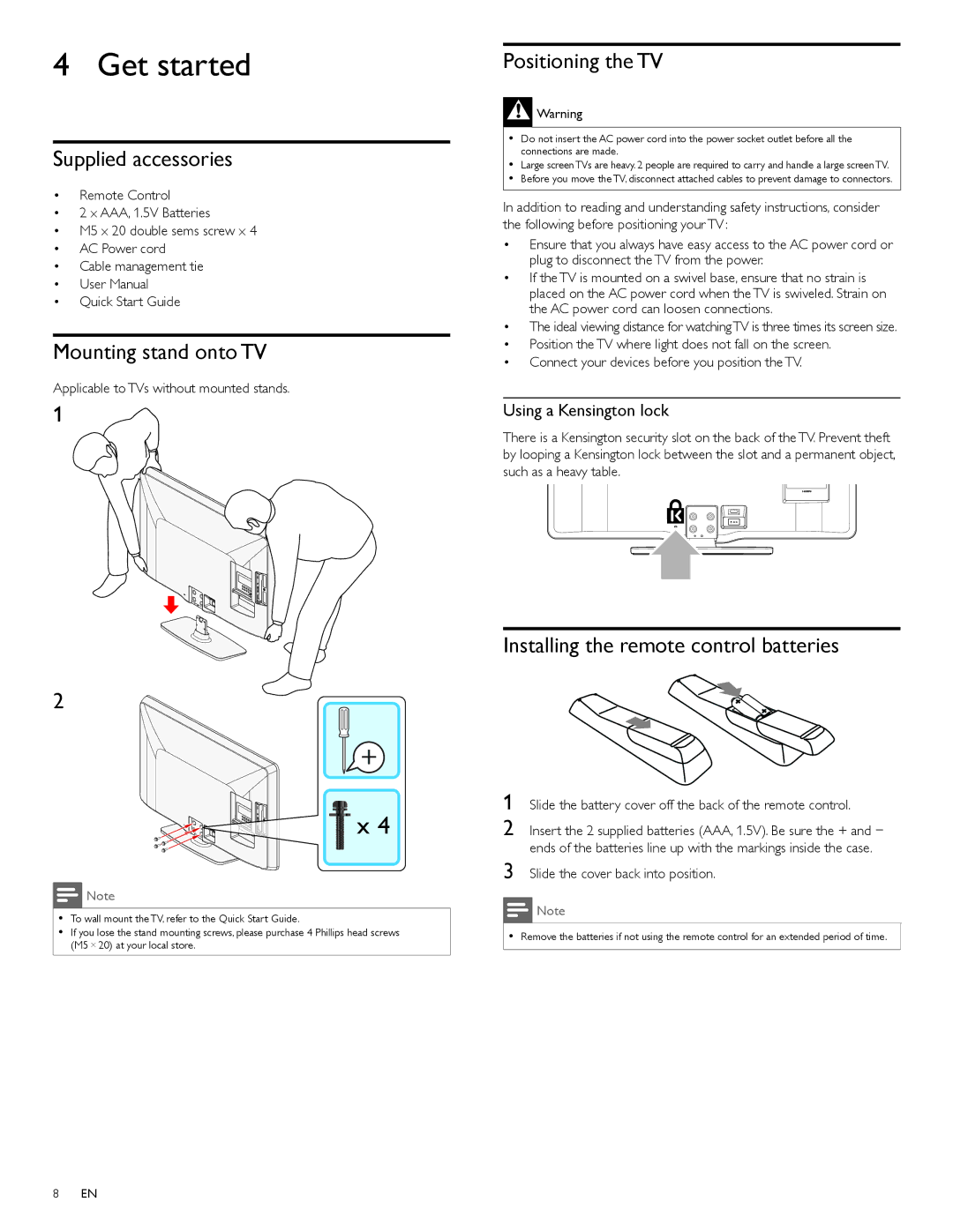 Philips 46PFL3706, 40PFL3706 user manual Get started, Supplied accessories, Mounting stand onto TV, Positioning the TV 