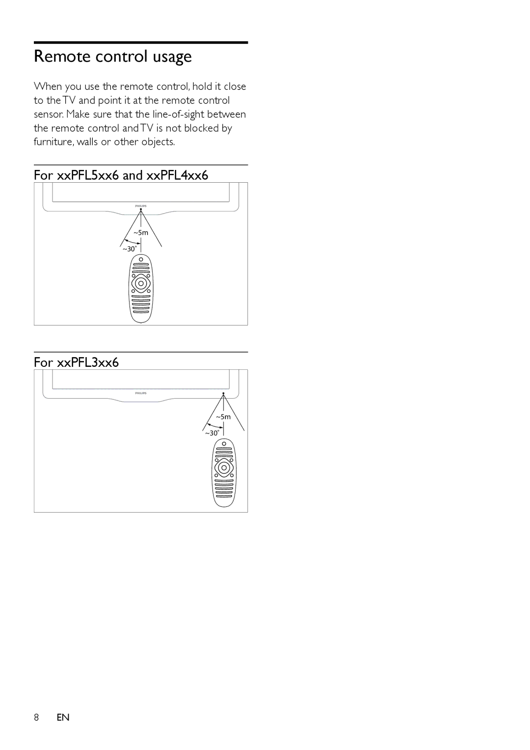 Philips 40PFL3606D, 40PFL4606D, 40PFL5606D, 40PFL4626D, 32PFL4606D Remote control usage, For xxPFL5xx6 and xxPFL4xx6 