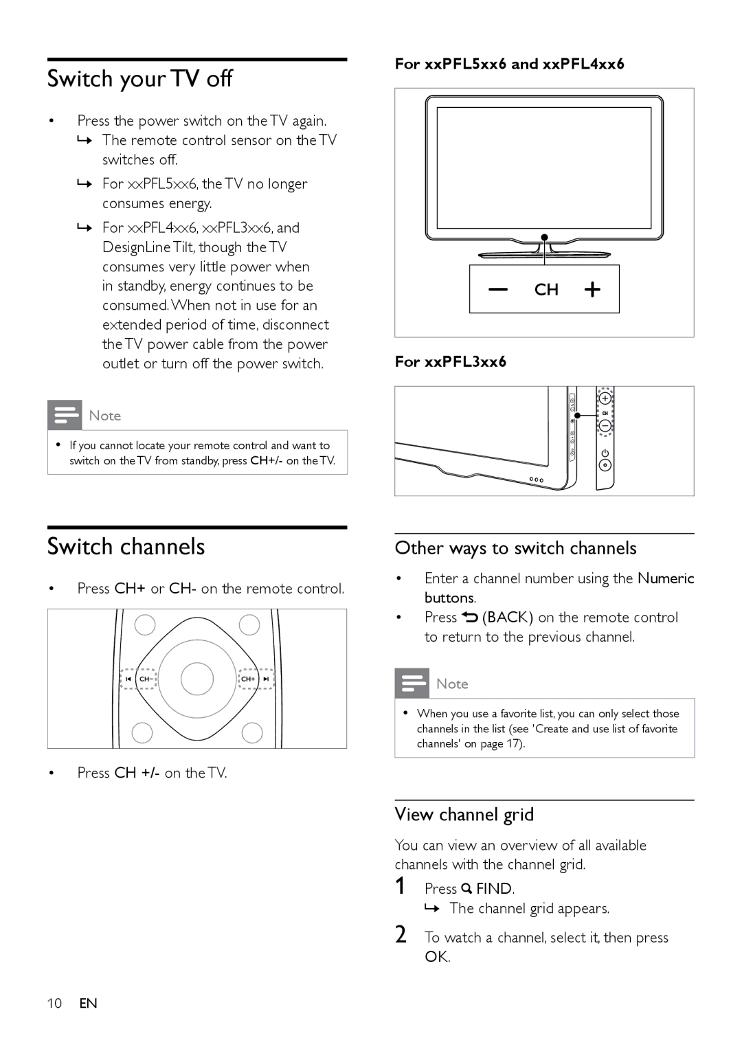 Philips 32PFL4626D, 40PFL4606D Switch your TV off, Switch channels, Other ways to switch channels, View channel grid 