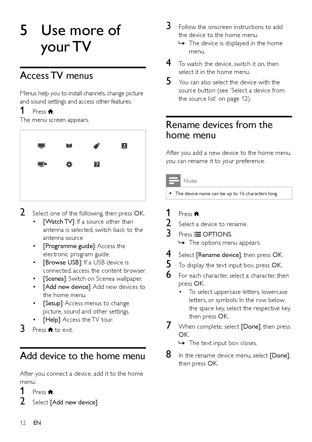 Philips 32PFL5606D Use more of your TV, Access TV menus, Add device to the home menu, Rename devices from the home menu 