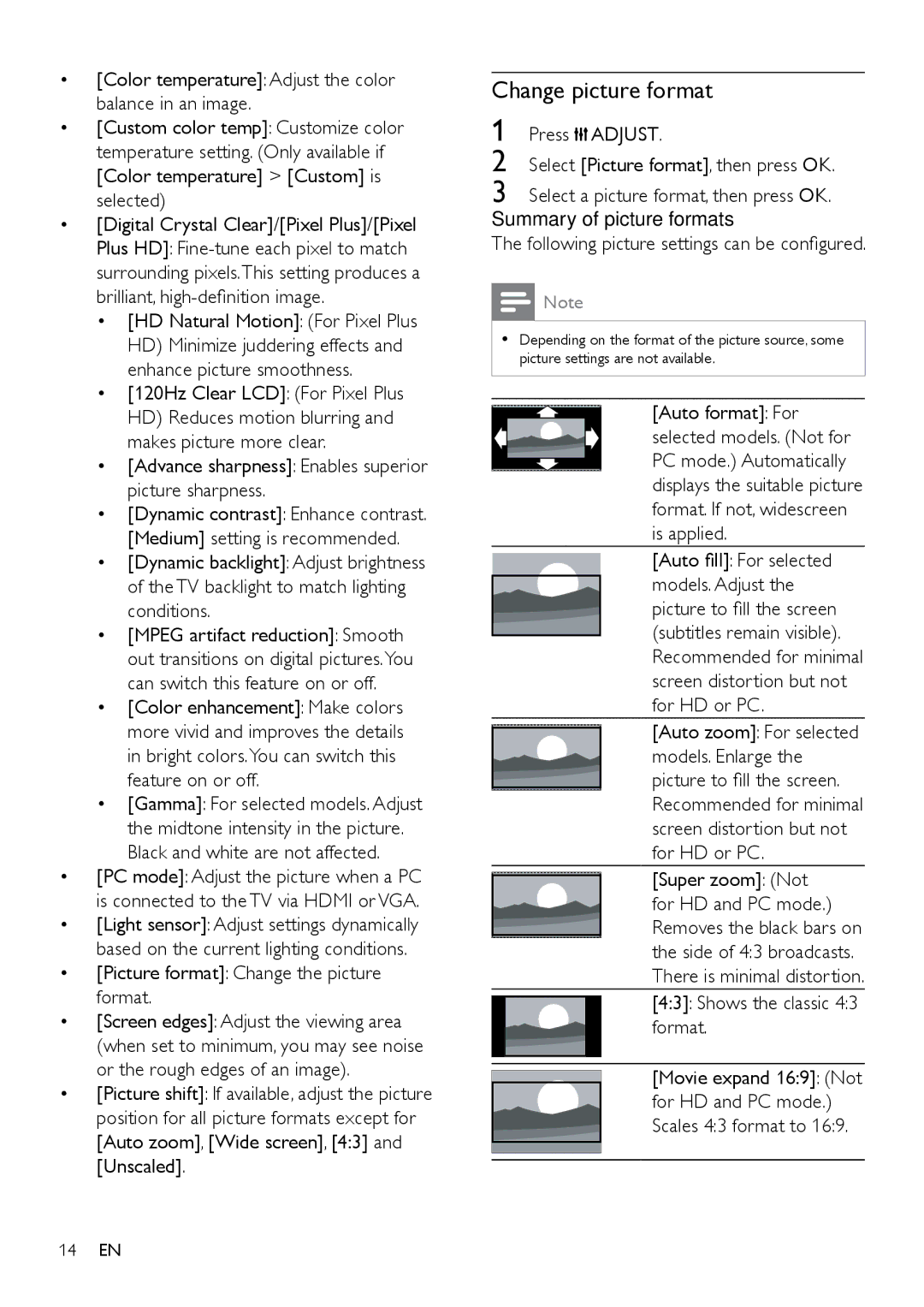 Philips 40PFL5606D Change picture format, HD Natural Motion For Pixel Plus, Picture format Change the picture format 