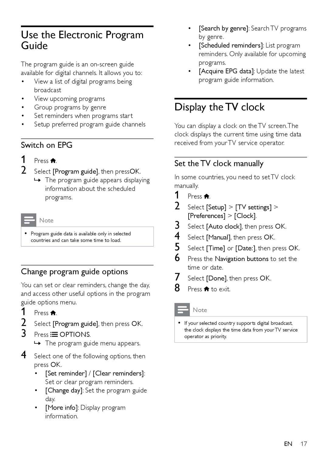 Philips 32PFL4606D Use the Electronic Program Guide, Display the TV clock, Switch on EPG, Change program guide options 