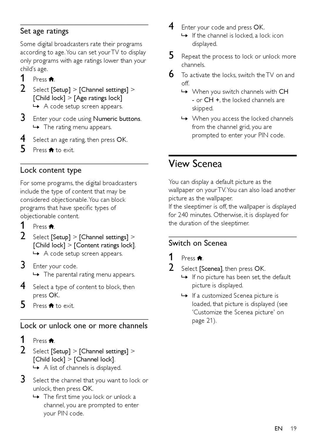 Philips 32PFL3XX6D View Scenea, Set age ratings, Lock content type, Lock or unlock one or more channels, Switch on Scenea 