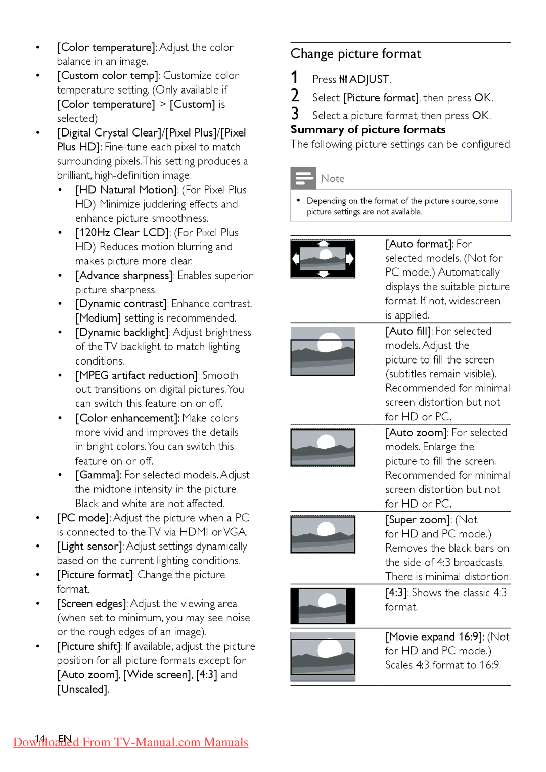 Philips 40PFL5606D Change picture format, HD Natural Motion For Pixel Plus, Picture format Change the picture format 