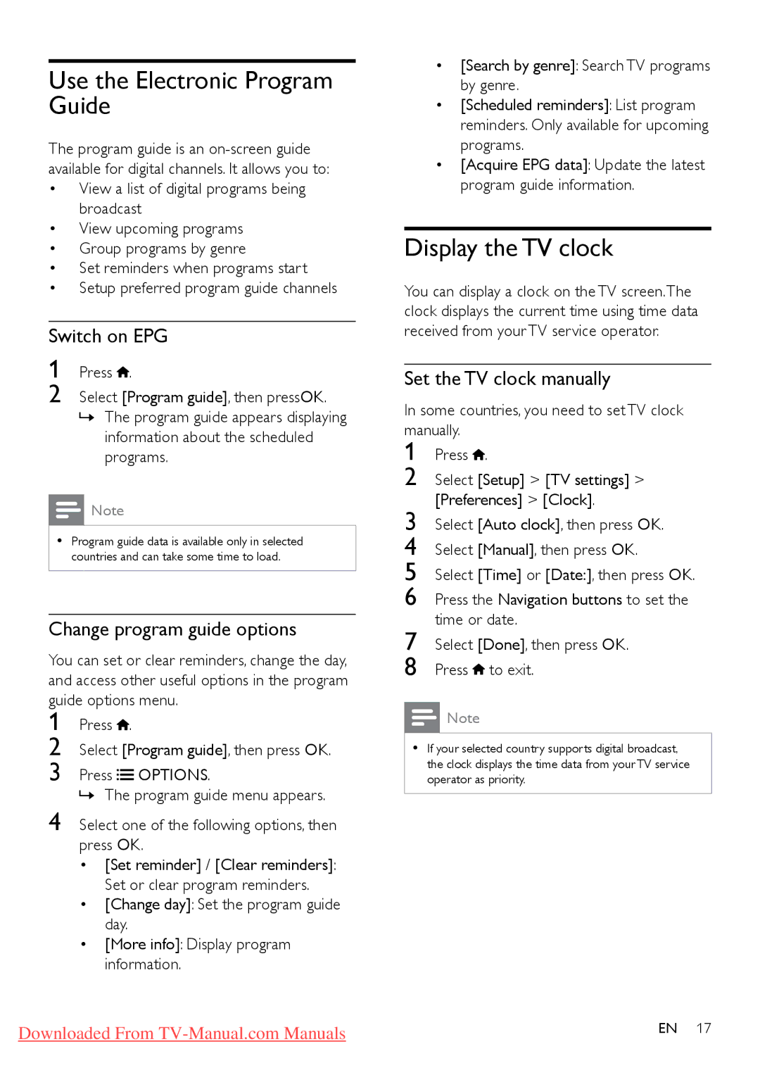 Philips 32PFL4606D Use the Electronic Program Guide, Display the TV clock, Switch on EPG, Change program guide options 