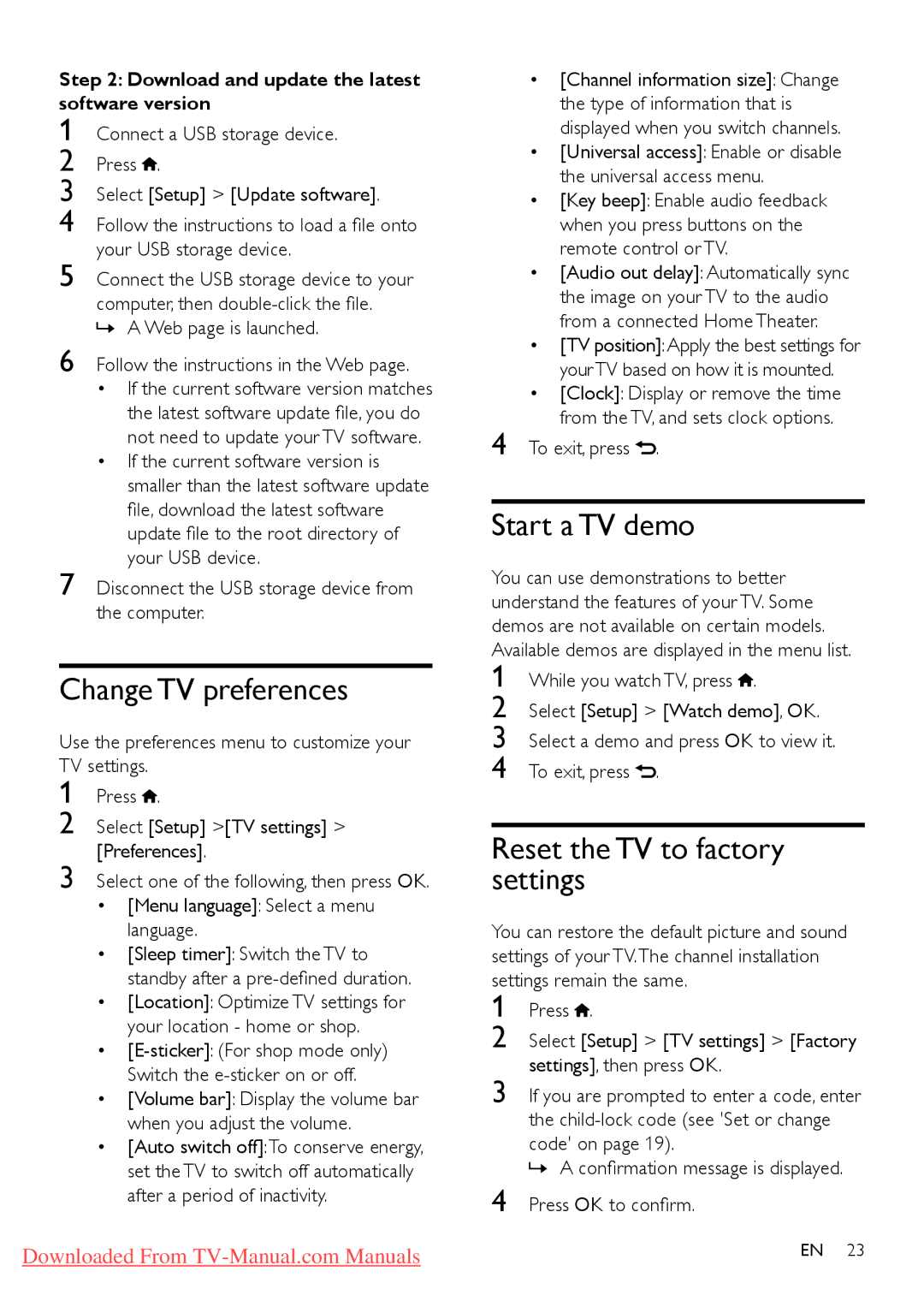 Philips 40PFL4626D, 40PFL4606D, 40PFL5606D Change TV preferences, Start a TV demo, Reset the TV to factory settings 