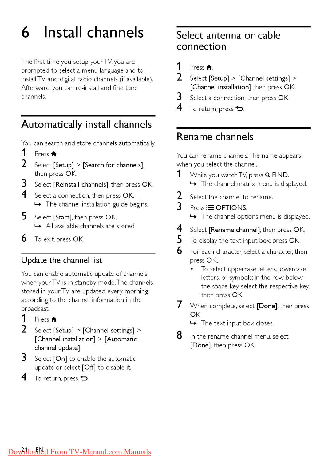 Philips 40PFL3606D Install channels, Automatically install channels, Select antenna or cable connection, Rename channels 