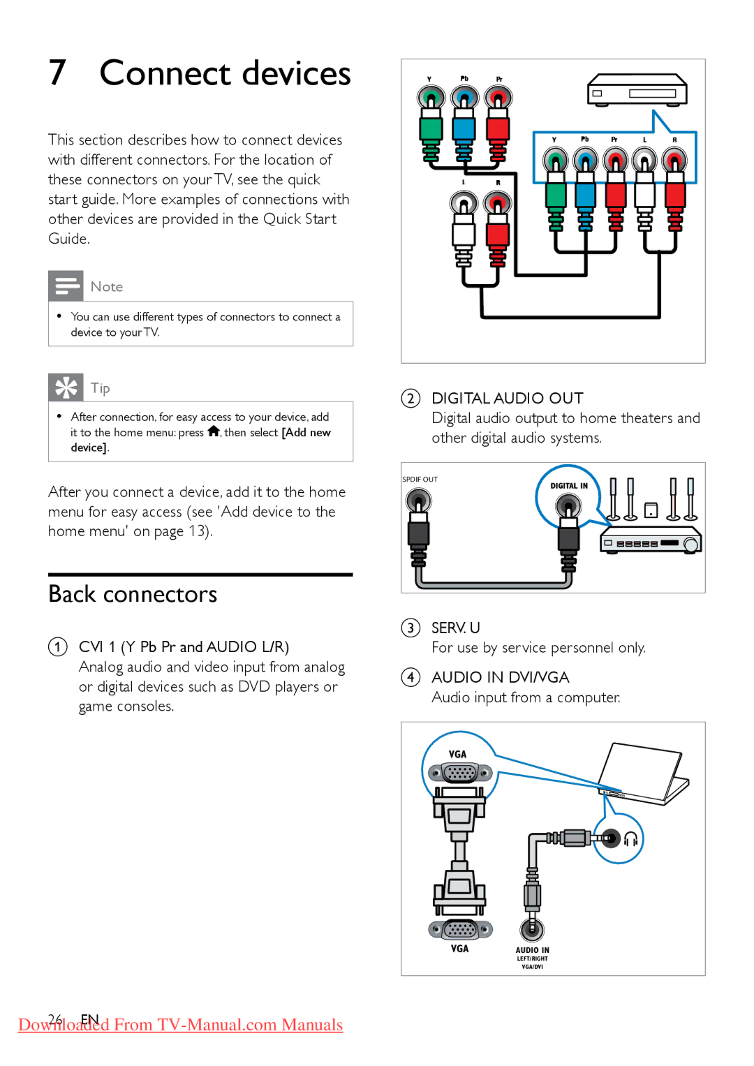 Philips 32PFL4626D Connect devices, Back connectors, For use by service personnel only, Audio input from a computer 