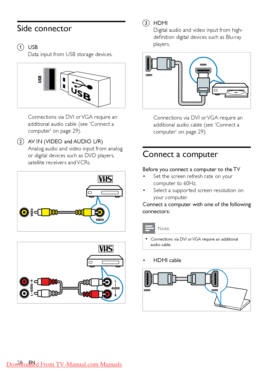 Philips 32PFL5606D, 40PFL4606D, 40PFL5606D, 40PFL4626D, 40PFL3606D, 32PFL4606D Side connector, Connect a computer, Hdmi cable 