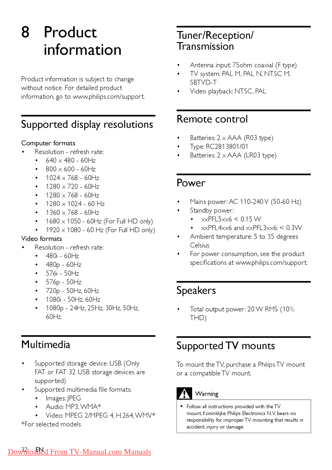 Philips 40PFL3606D, 40PFL4606D Supported display resolutions, Tuner/Reception Transmission, Power, Speakers, Multimedia 