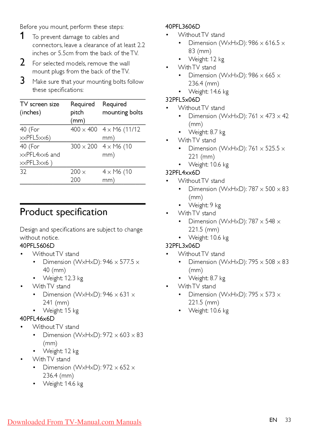 Philips 32PFL4606D, 40PFL4606D, 40PFL5606D, 40PFL4626D Product specification, Before you mount, perform these steps 