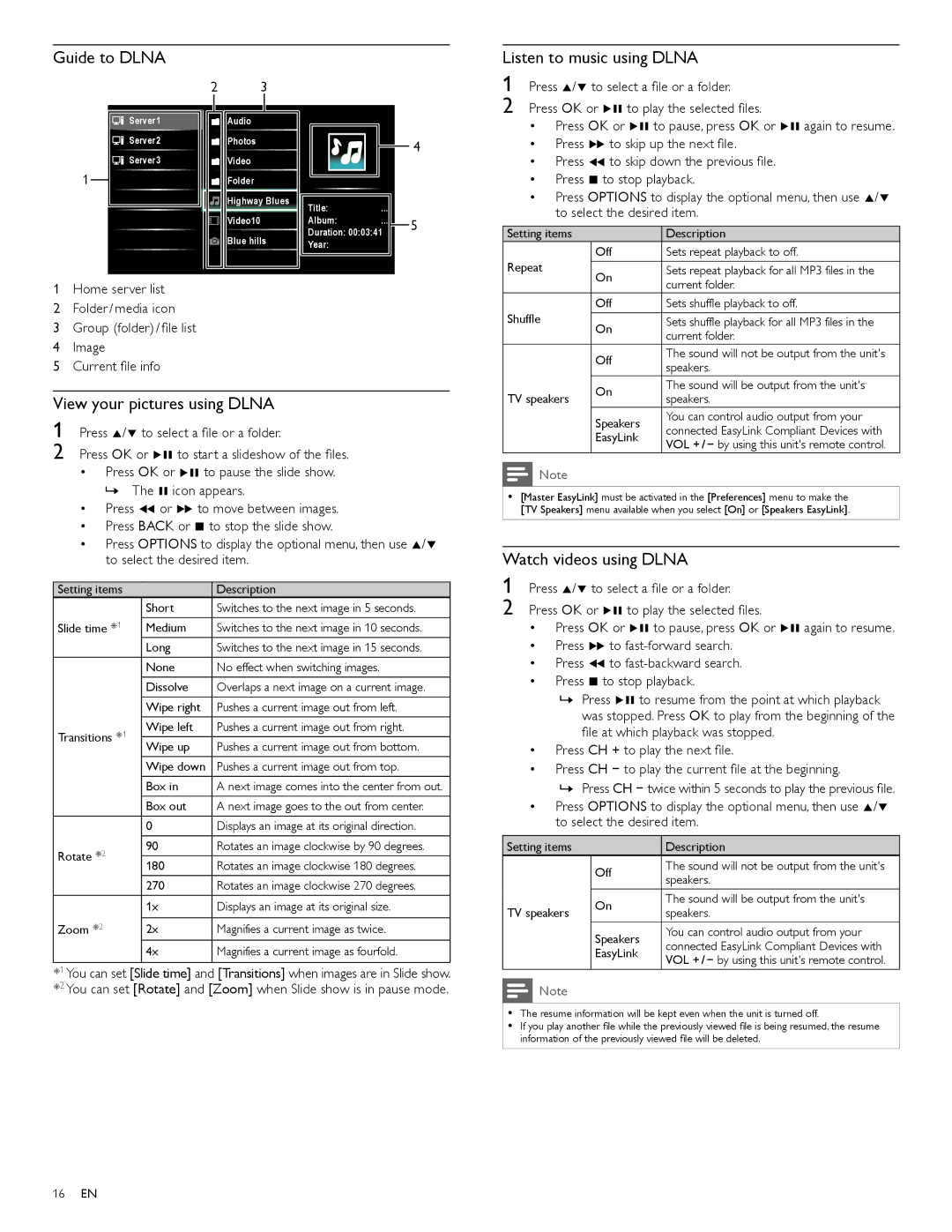 Philips 55PFL4706 Guide to Dlna, Listen to music using Dlna, View your pictures using Dlna, Watch videos using Dlna 