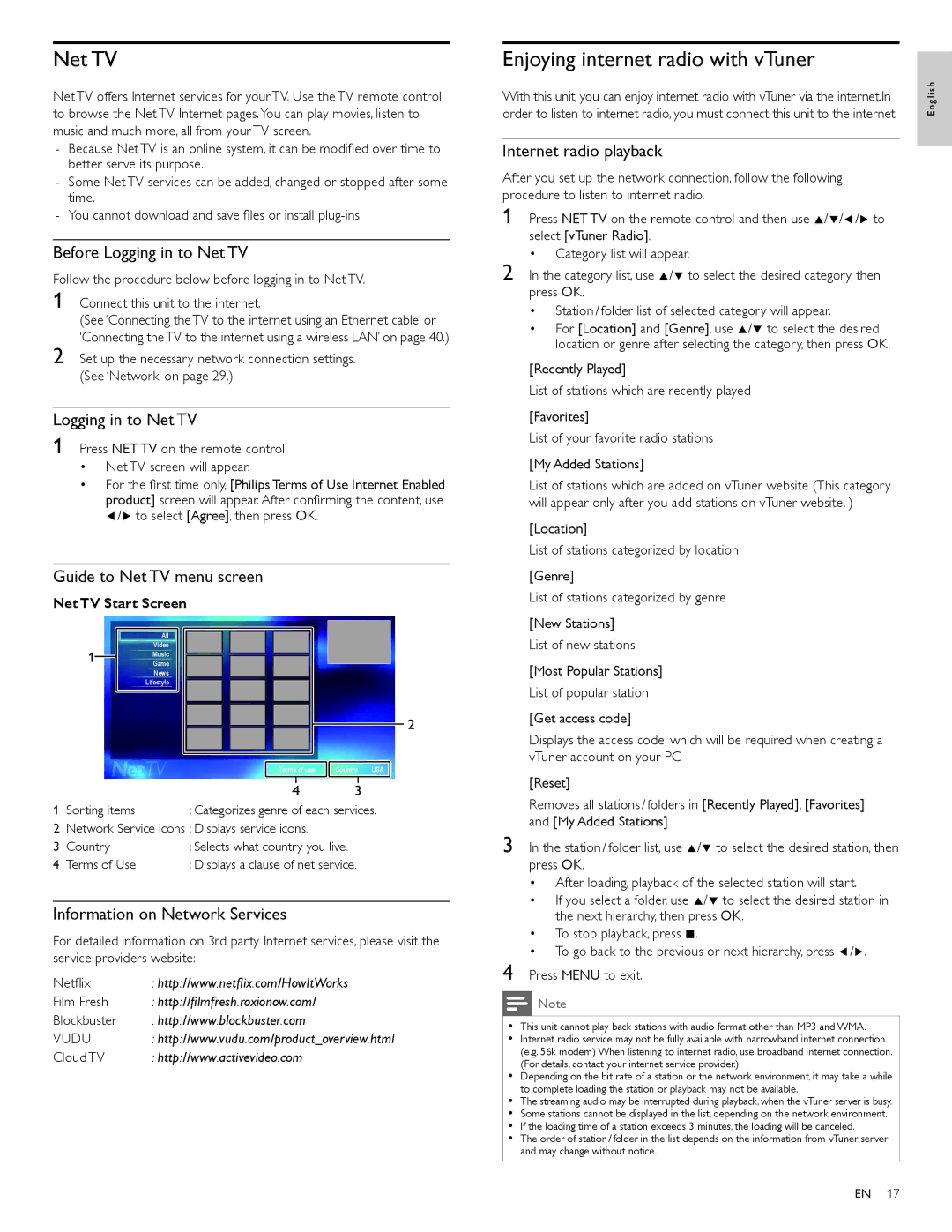 Philips 40PFL4706, 46PFL4706, 55PFL4706 user manual Net TV, Enjoying internet radio with vTuner 