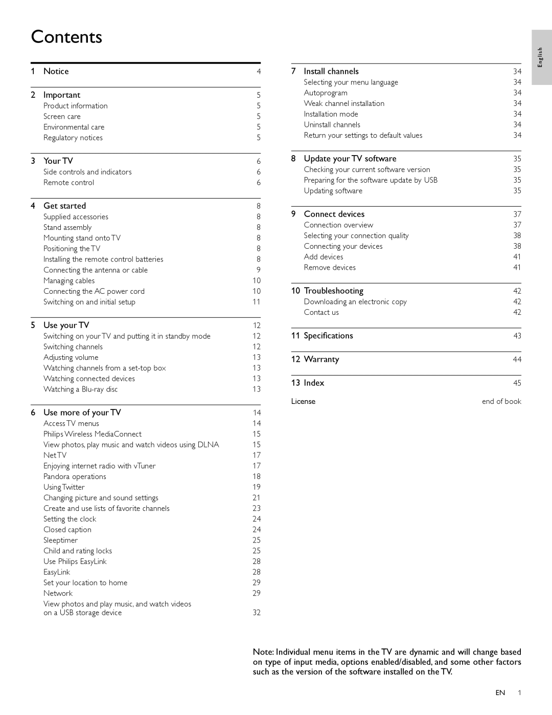 Philips 55PFL4706, 40PFL4706, 46PFL4706 user manual Contents 