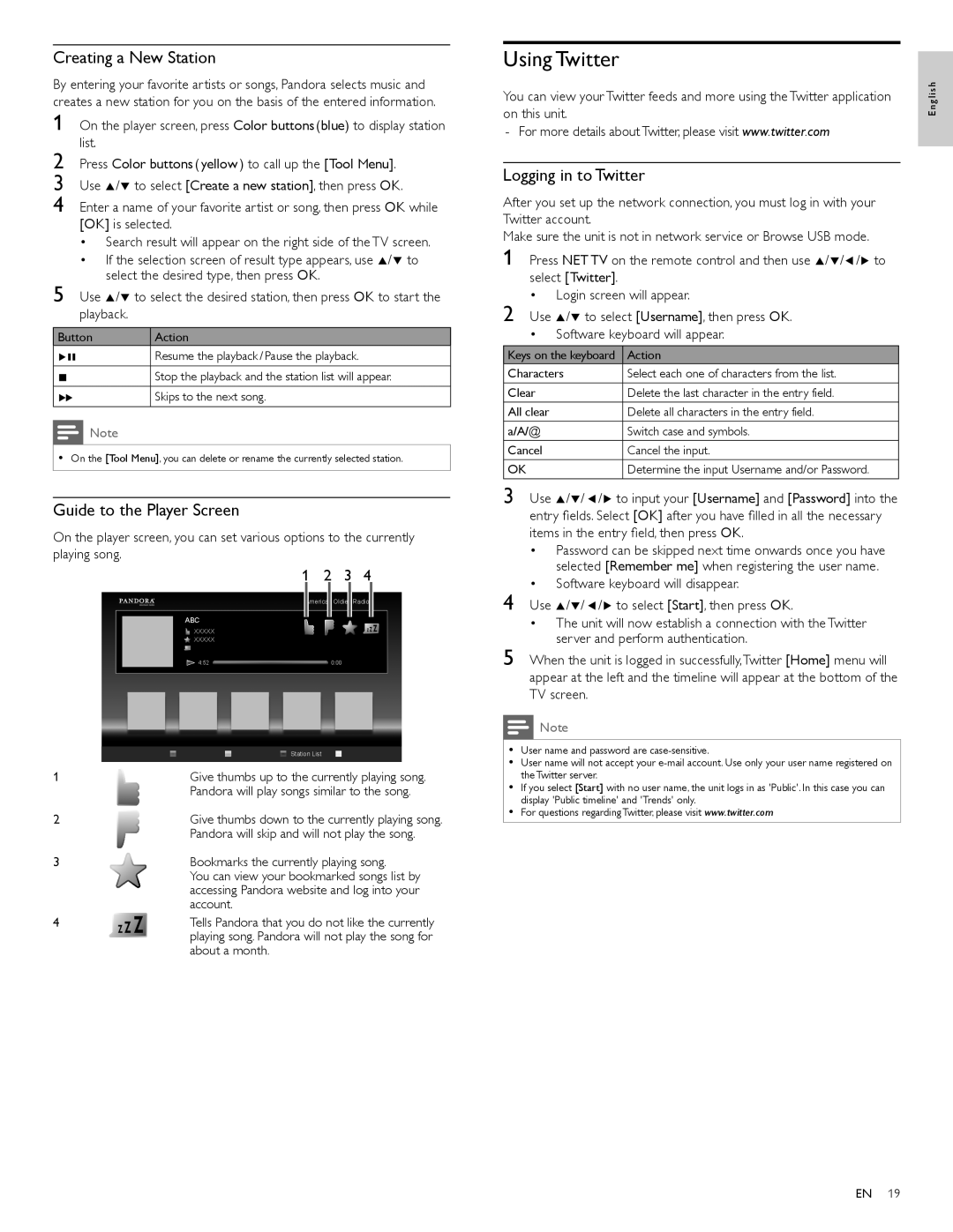 Philips 55PFL4706, 40PFL4706 Using Twitter, Creating a New Station, Guide to the Player Screen, Logging in to Twitter 